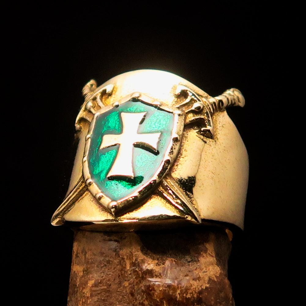 Crossed Swords Men's Knights Templar green Cross Ring made of solid brass with high polished finish and enamel detailing.